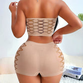 Sexy Lingerie Set, Solid Seamless Hollow Out Strapless Bandeaus & Panties, Women&