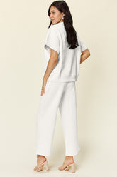 Double Take Full Size Texture Half Zip Short Sleeve Top and Pants Set - MyEmpired