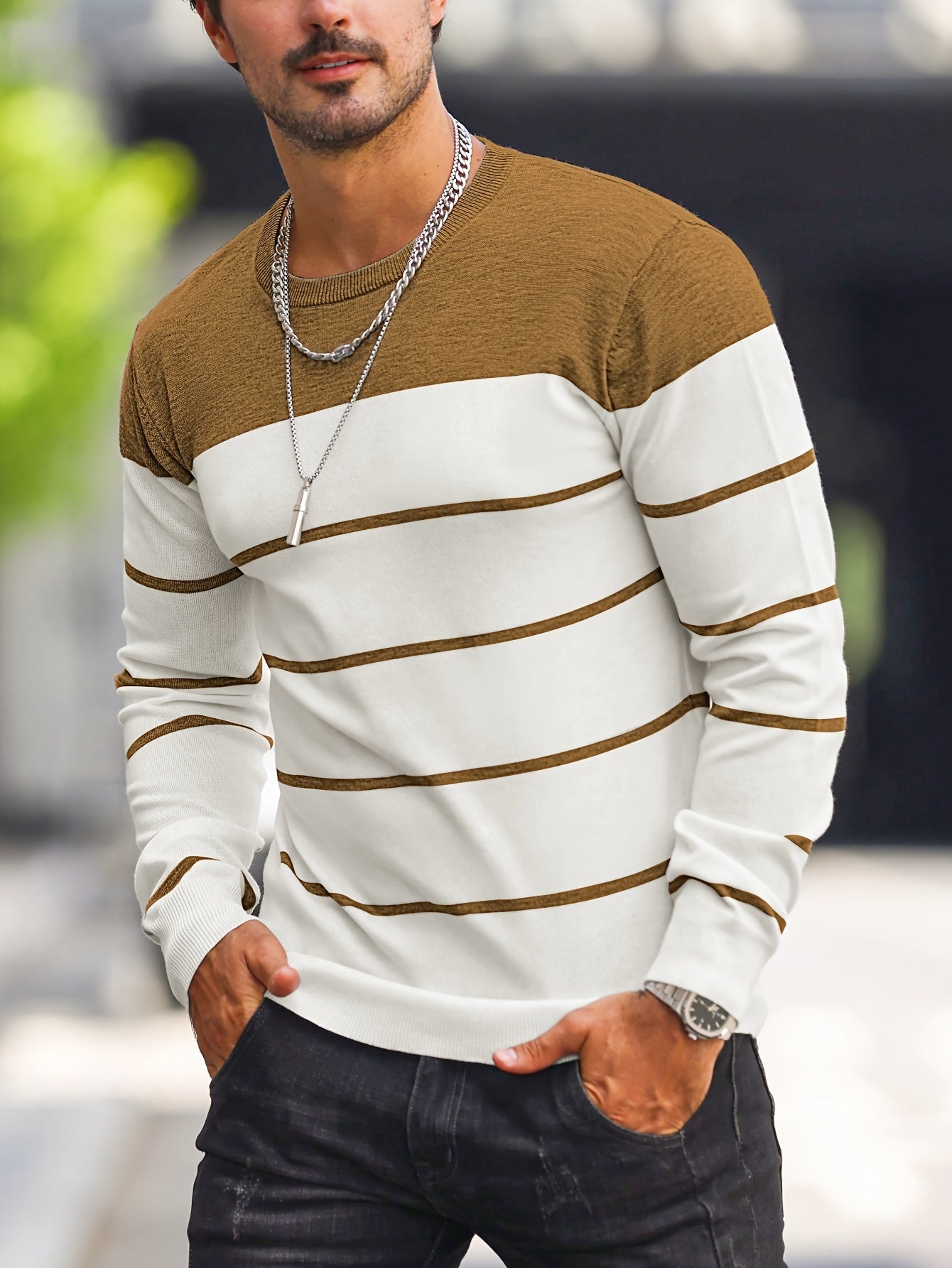 Men's Striped Knitted Pullover, Casual Long Sleeve Crew Neck Sweater For Fall Spring