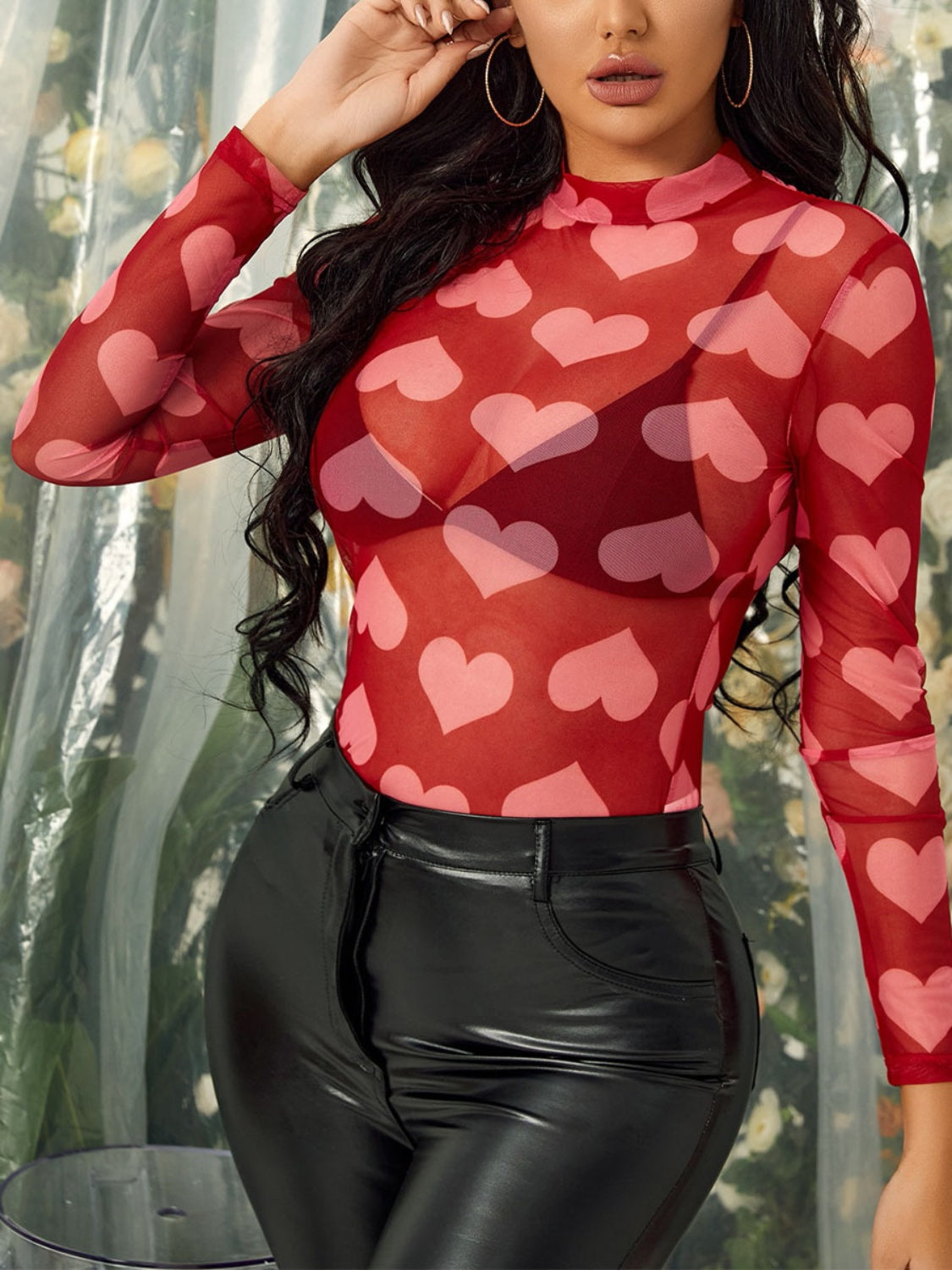 Heart Mock Neck Long Sleeve Sheer Top - MyEmpired
