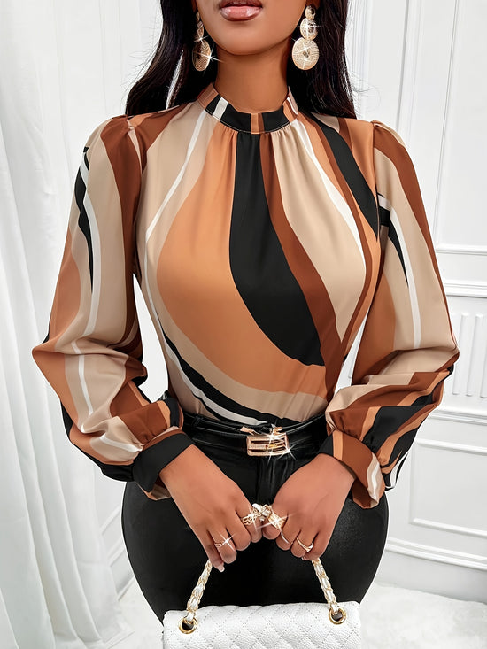 Striped Print Mock Neck Blouse - MyEmpired
