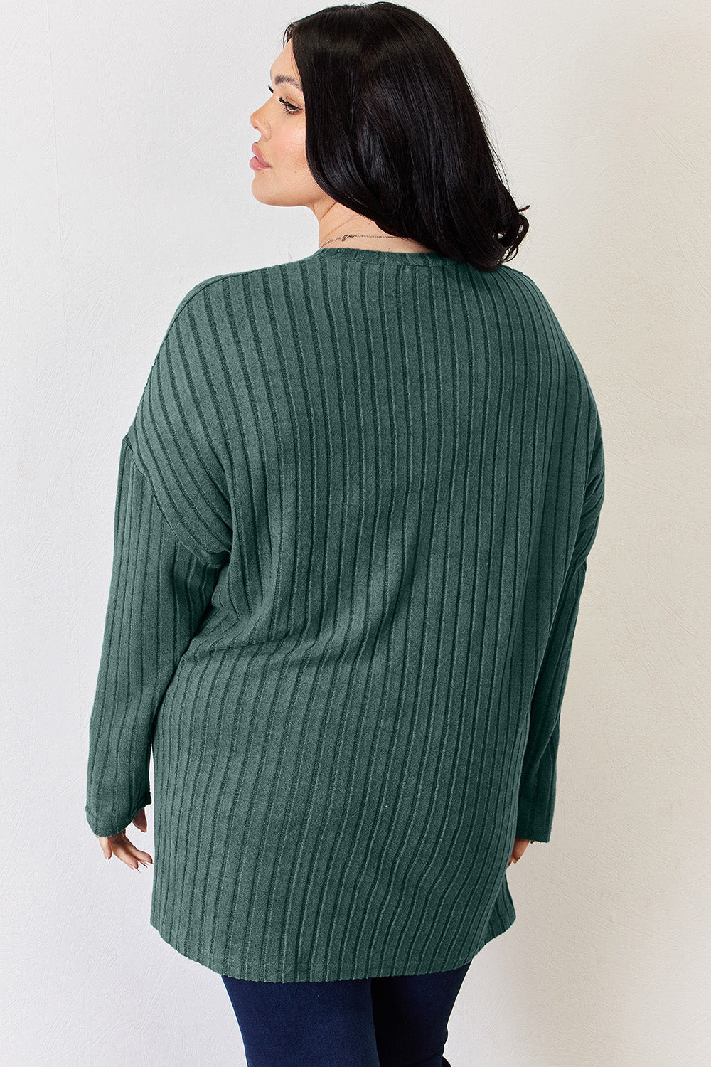Basic Bae Full Size Ribbed Half Button Long Sleeve High-Low T-Shirt - MyEmpired