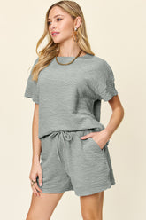 Double Take Full Size Texture Short Sleeve T-Shirt and Drawstring Shorts Set - MyEmpired
