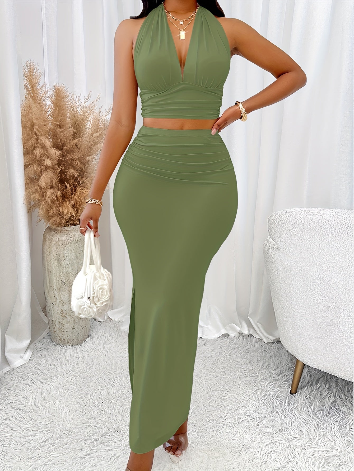 Elegant Women's Two-Piece Set: V-Neck Halter Top & Bodycon Skirt - Sleeveless, Backless Design for Spring/Summer