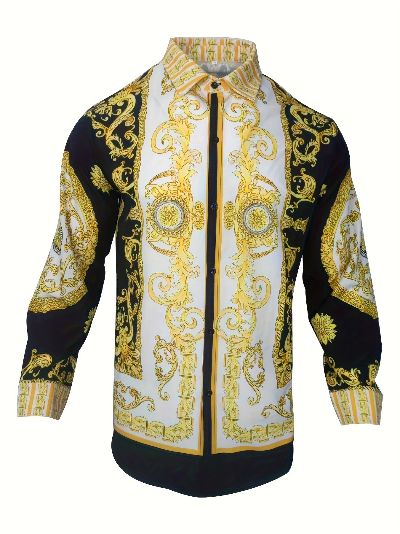 Men's Baroque Style Jacquard Suit Shirt, Long Sleeve Button Up Lapel Collar Shirt, Male's Classic Fashion Top For All Seasons