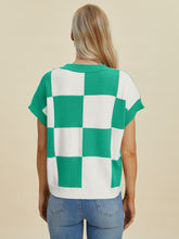 Double Take Full Size Checkered Round Neck Short Sleeve Sweater - MyEmpired