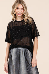 GeeGee Round Neck Drop Shoulder Mesh Glitter Top - MyEmpired