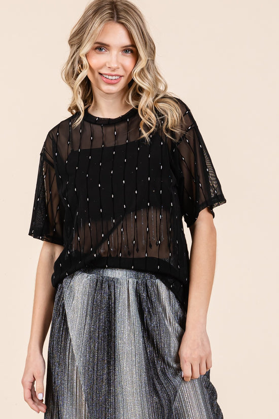 GeeGee Round Neck Drop Shoulder Mesh Glitter Top - MyEmpired