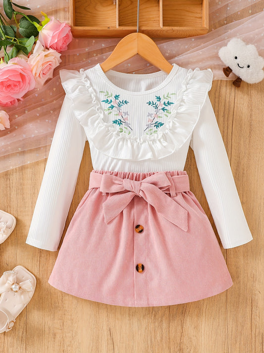 2pcs Baby's Flower Pattern Ruffle Decor Ribbed Long Sleeve Top + Button Decor Skirt, Toddler & Infant Girl's Clothing Set