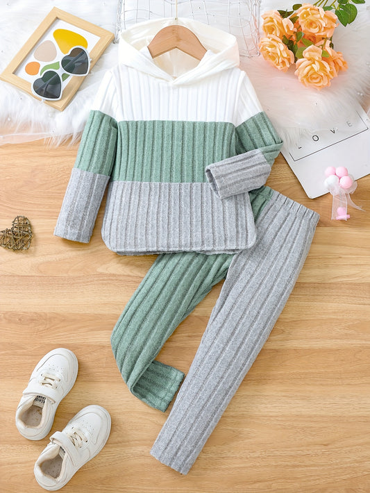 Girls' 2-Piece Set, Spring/Autumn Knitted Hoodie and Solid Color Ribbed Pants, Casual Color Block Long Sleeve Pullover with Stretch Fabric, Regular Fit, Polyester & Spandex Blend, For Outdoor