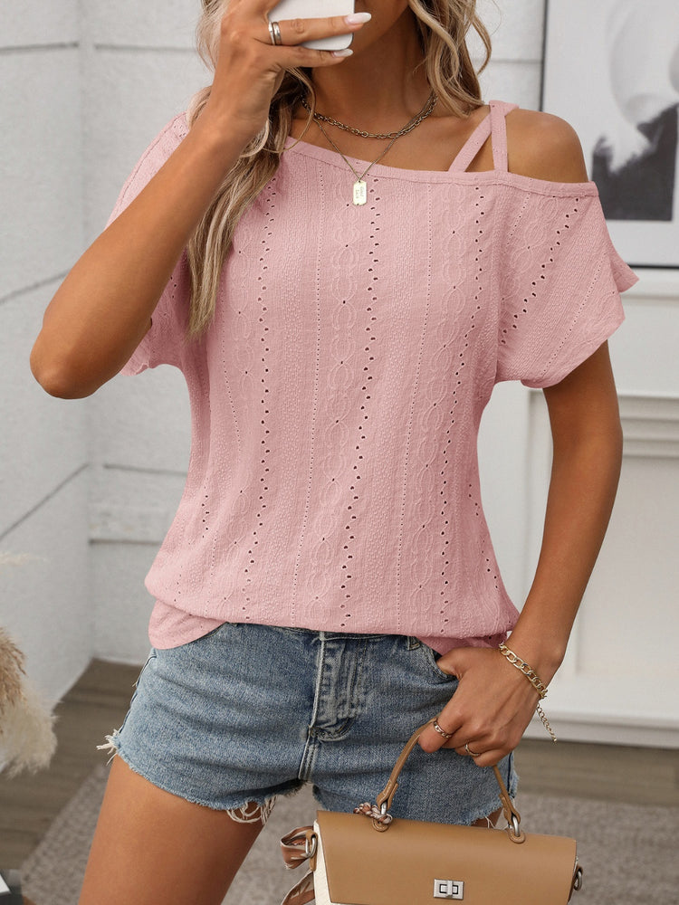 Eyelet Asymmetrical Shoulder Short Sleeve T-Shirt - MyEmpired