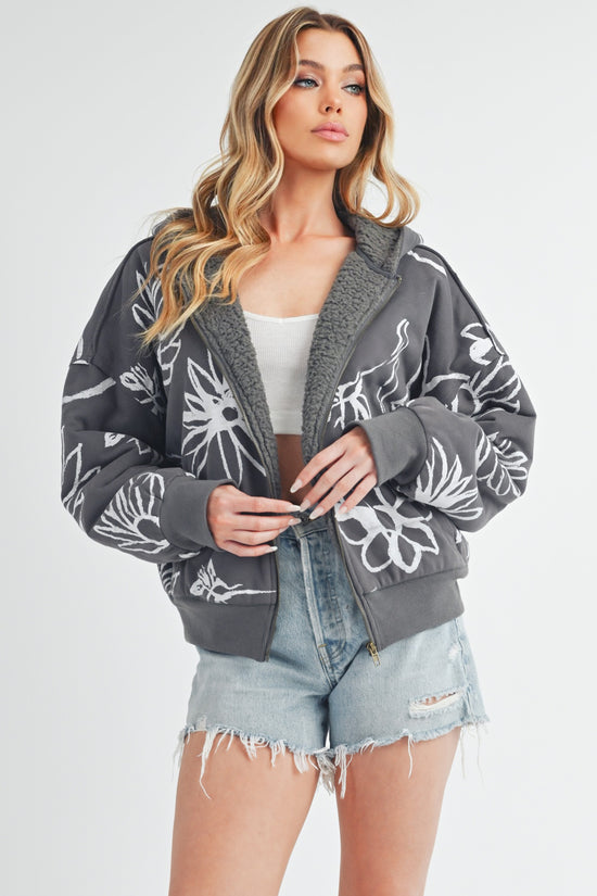 Aemi + Co Flower Print Zip Up Sherpa Hoodie - MyEmpired