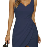 Solid V Neck Ruched Dress, Casual Sleeveless Dress, Women&