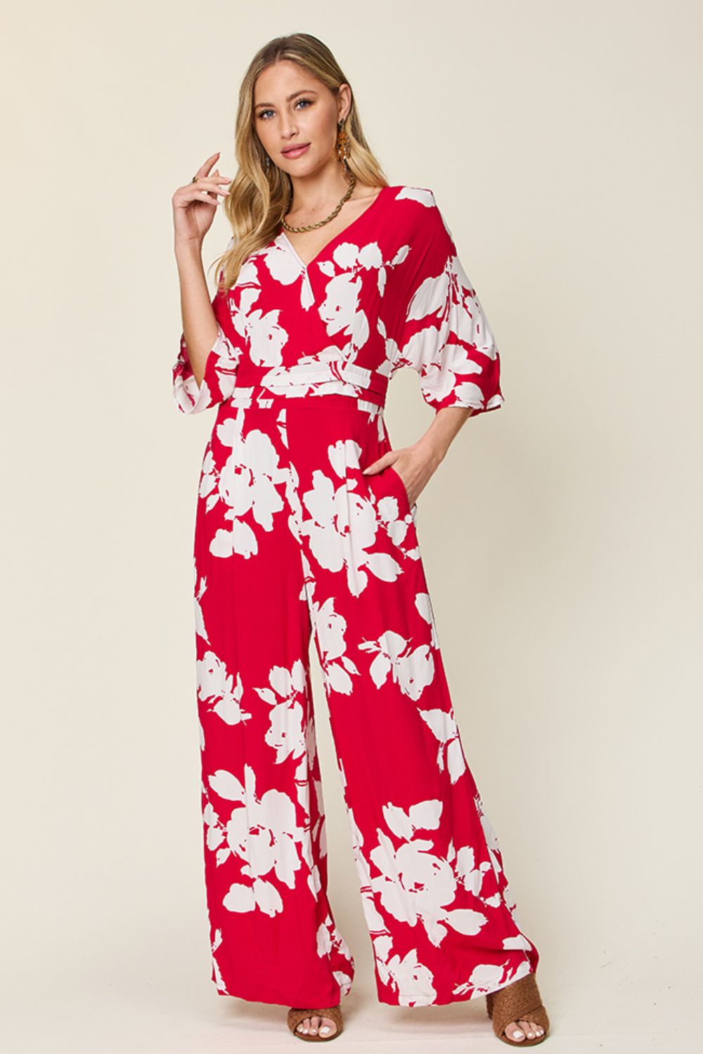 Double Take Full Size Printed Tie Back Wide Leg Jumpsuit - MyEmpired