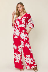 Double Take Full Size Printed Tie Back Wide Leg Jumpsuit - MyEmpired