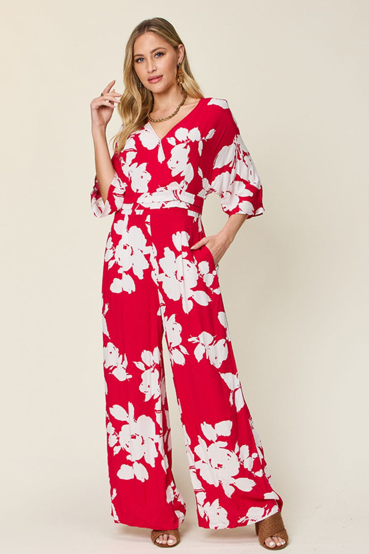 Double Take Full Size Printed Tie Back Wide Leg Jumpsuit - MyEmpired