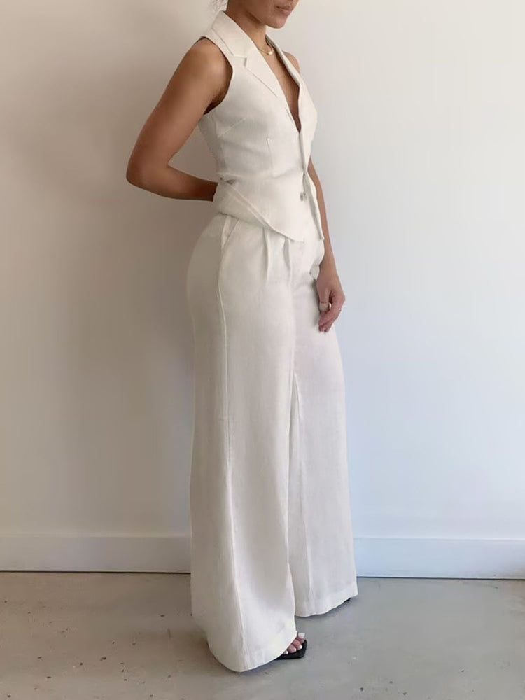 Devine Lapel Collar Sleeveless Top and Pants Set - MyEmpired