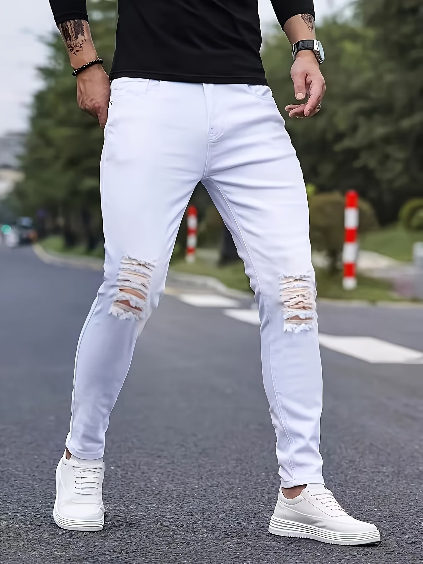 Men's Solid Ripped Denim Pants, Stylish Casual Jeans For Males