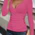 Surplice Neck Eyelet Skinny Top, Elegant Side Button Long Sleeve Top For Spring & Summer, Women&