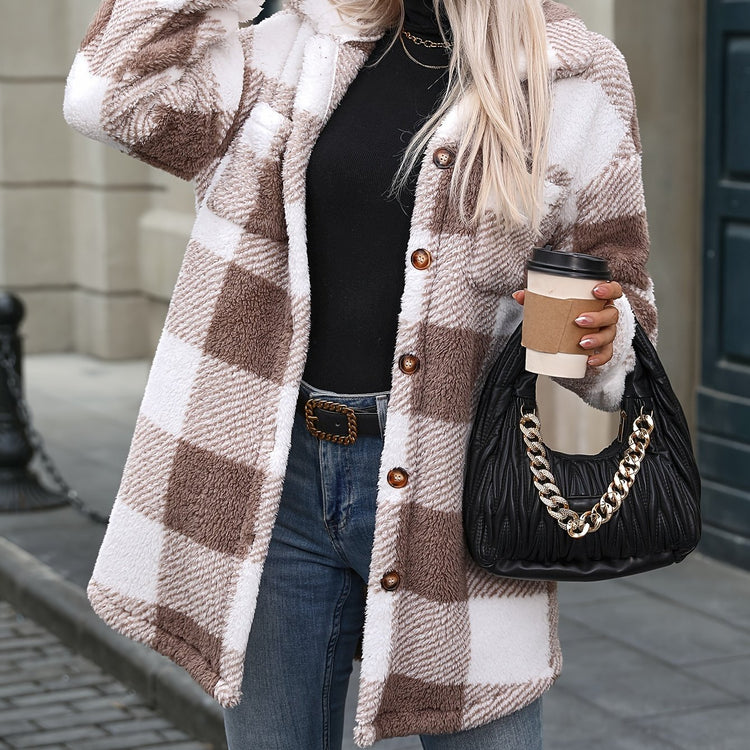 Plaid Pattern Button Front Fuzzy Coat, Elegant Long Sleeve Thermal Outerwear For Fall & Winter, Women&