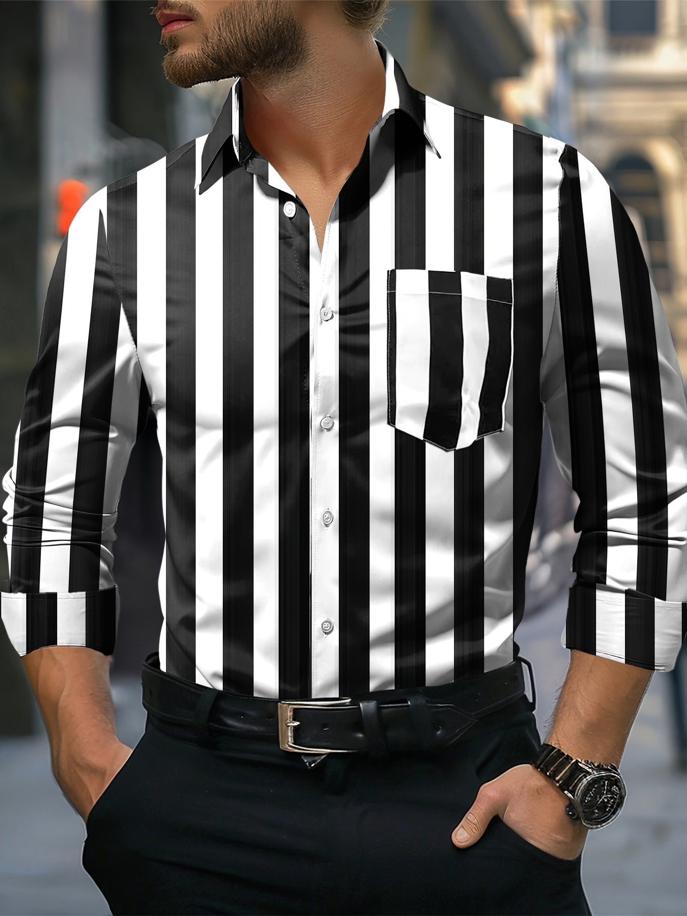 Men's Casual Striped Long Sleeve Button-Up Shirt