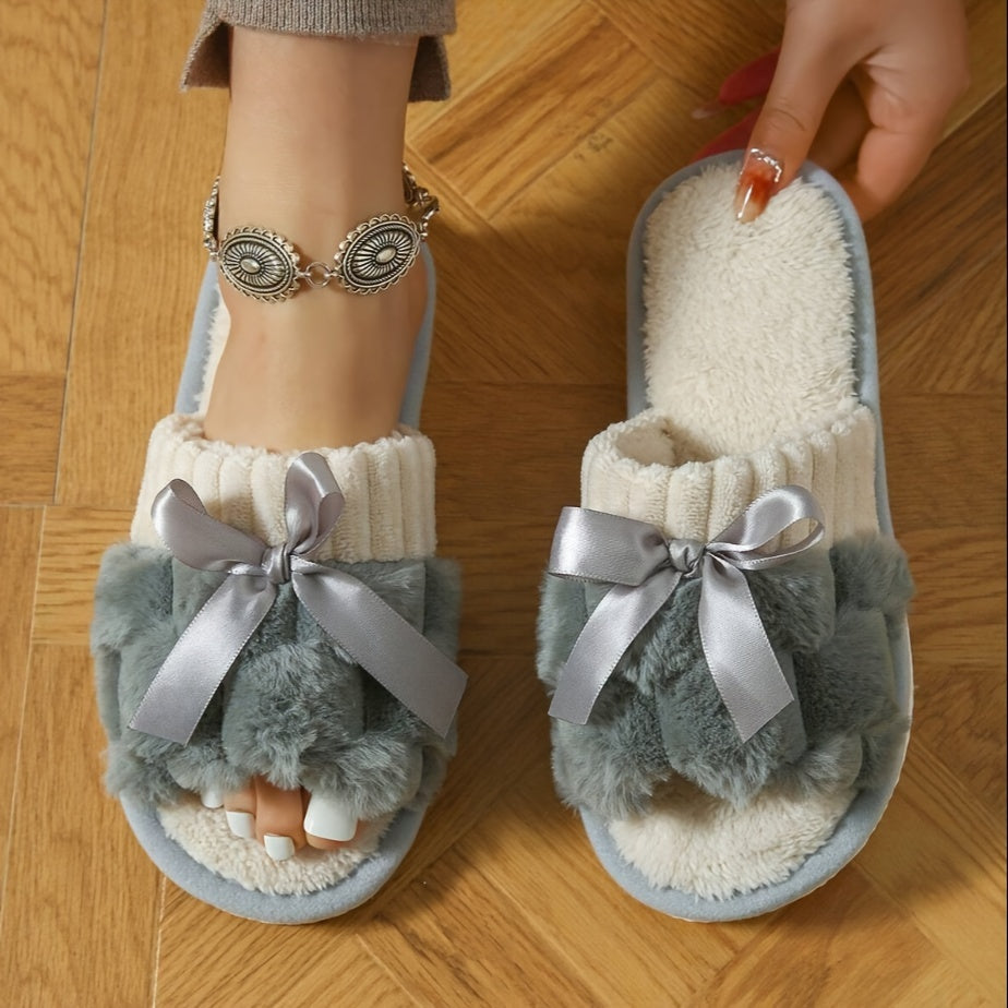 Soothing Softness, Cozy Women's Plush Slippers with Bowknot - Soft, Open Toe Home Shoes for Bedroom or Floor, Easy Slip-On Design