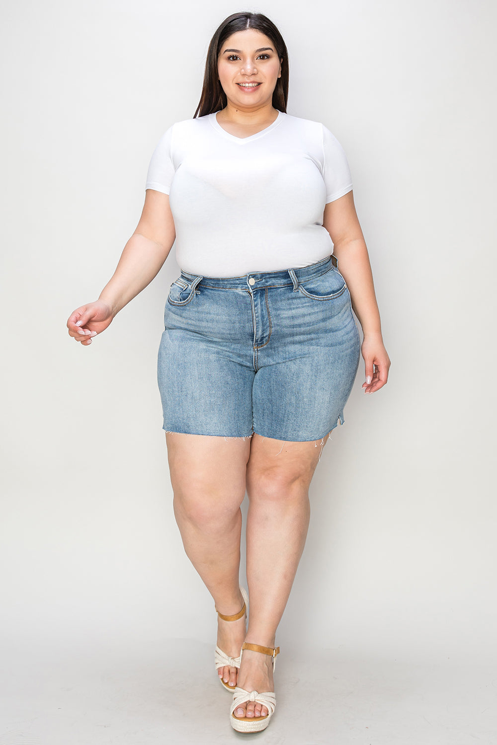 Judy Blue Full Size High Waist Raw Hem Denim Shorts - MyEmpired