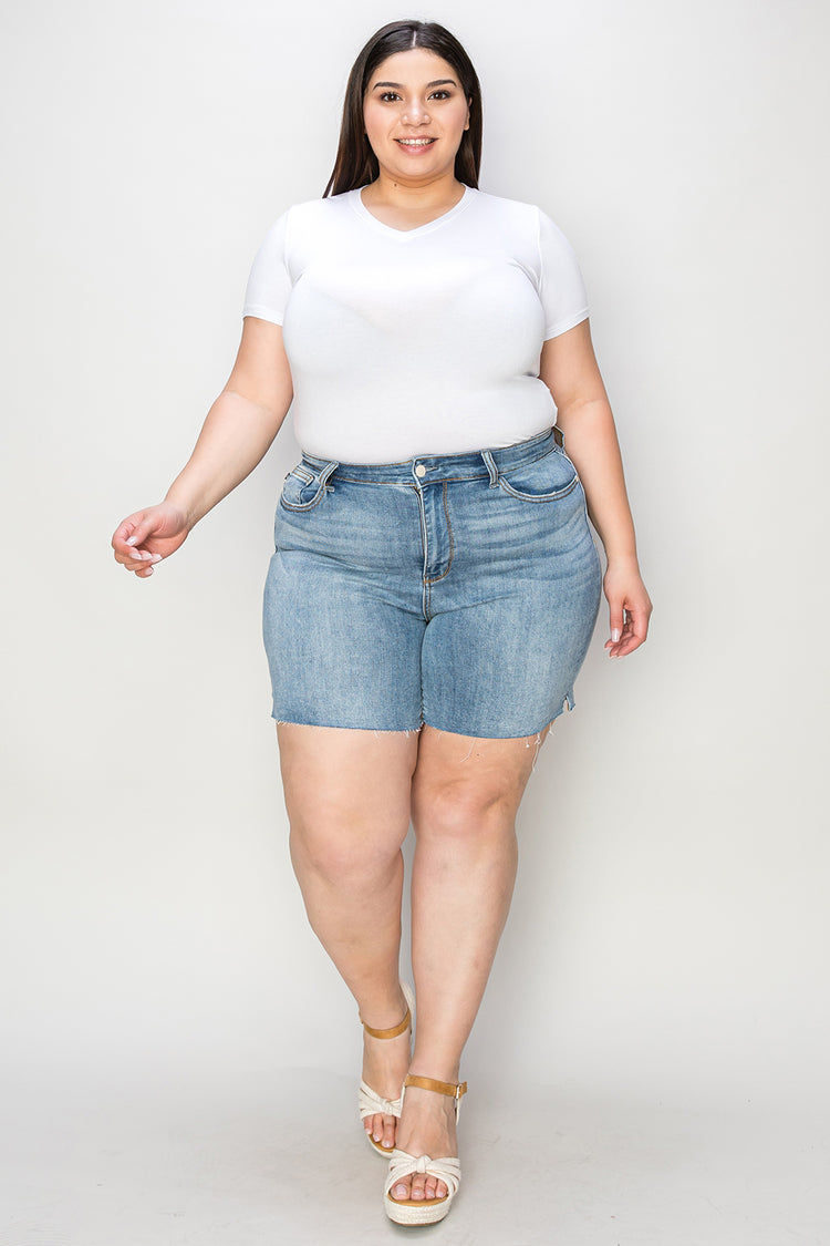 Judy Blue Full Size High Waist Raw Hem Denim Shorts - MyEmpired