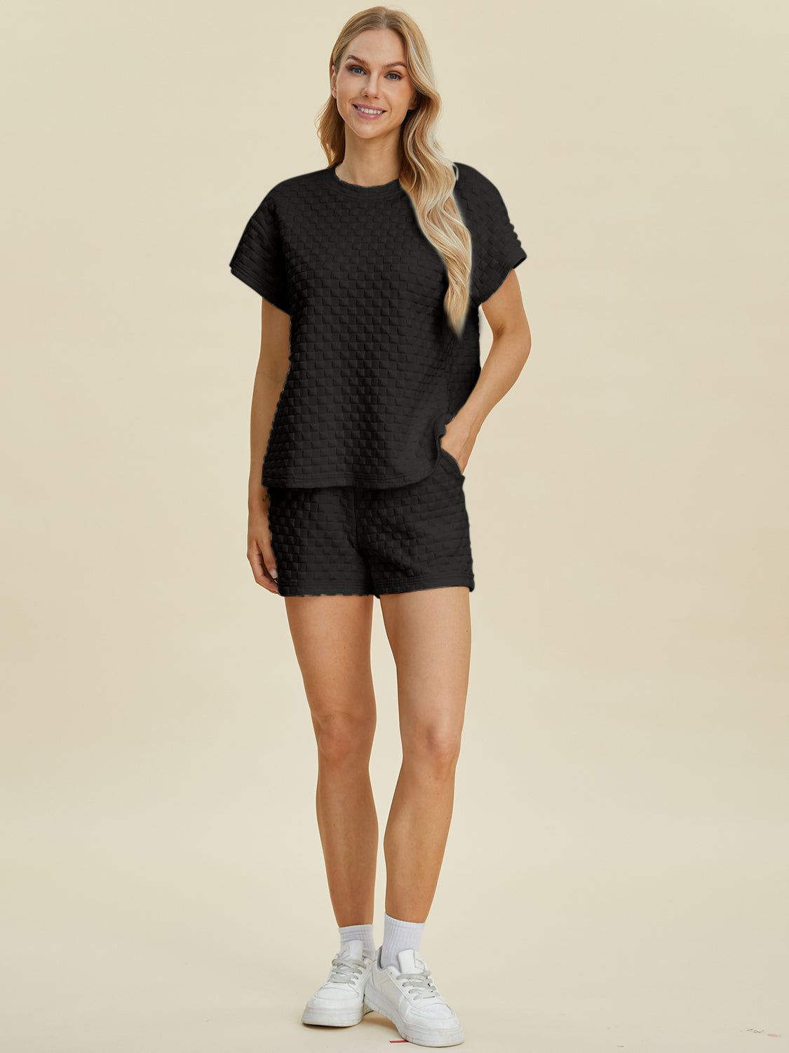 Double Take Full Size Texture T-Shirt and Shorts Set - MyEmpired
