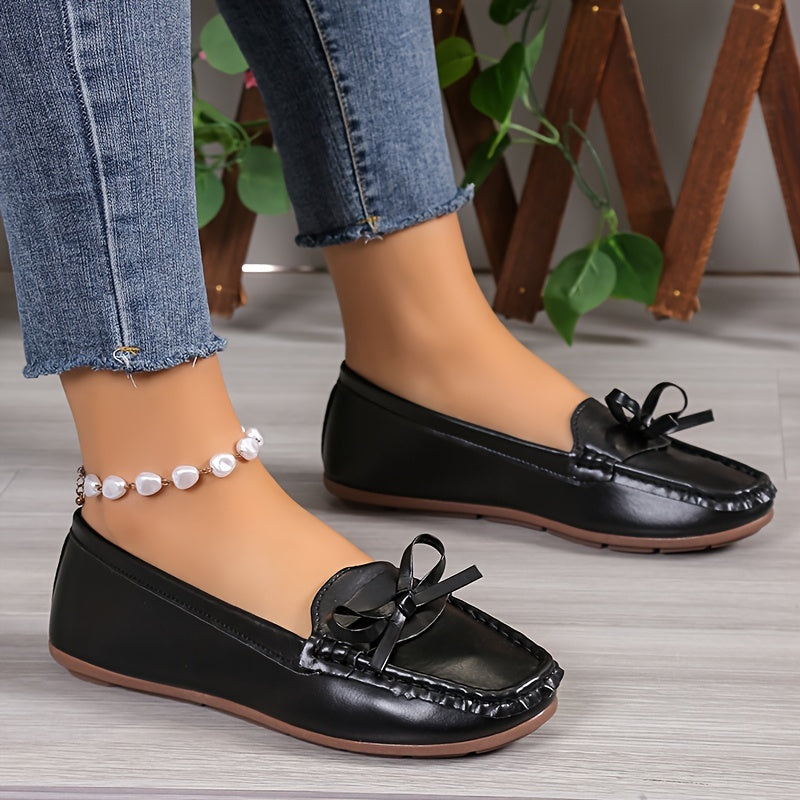 Women's Bow Flat Shoes, Solid Color Round Toe Slip On Shoes, Comfy & Lightweight Every Day Loafers