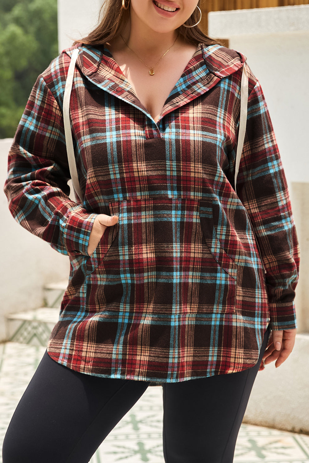 Plus Size Drawstring Plaid Quarter Button Hoodie - MyEmpired