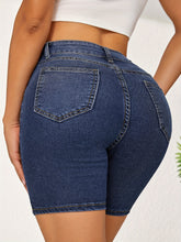 Plain Washed Blue Whiskering Denim Shorts, Slash Pocket Stretchy Denim Shorts, Women&