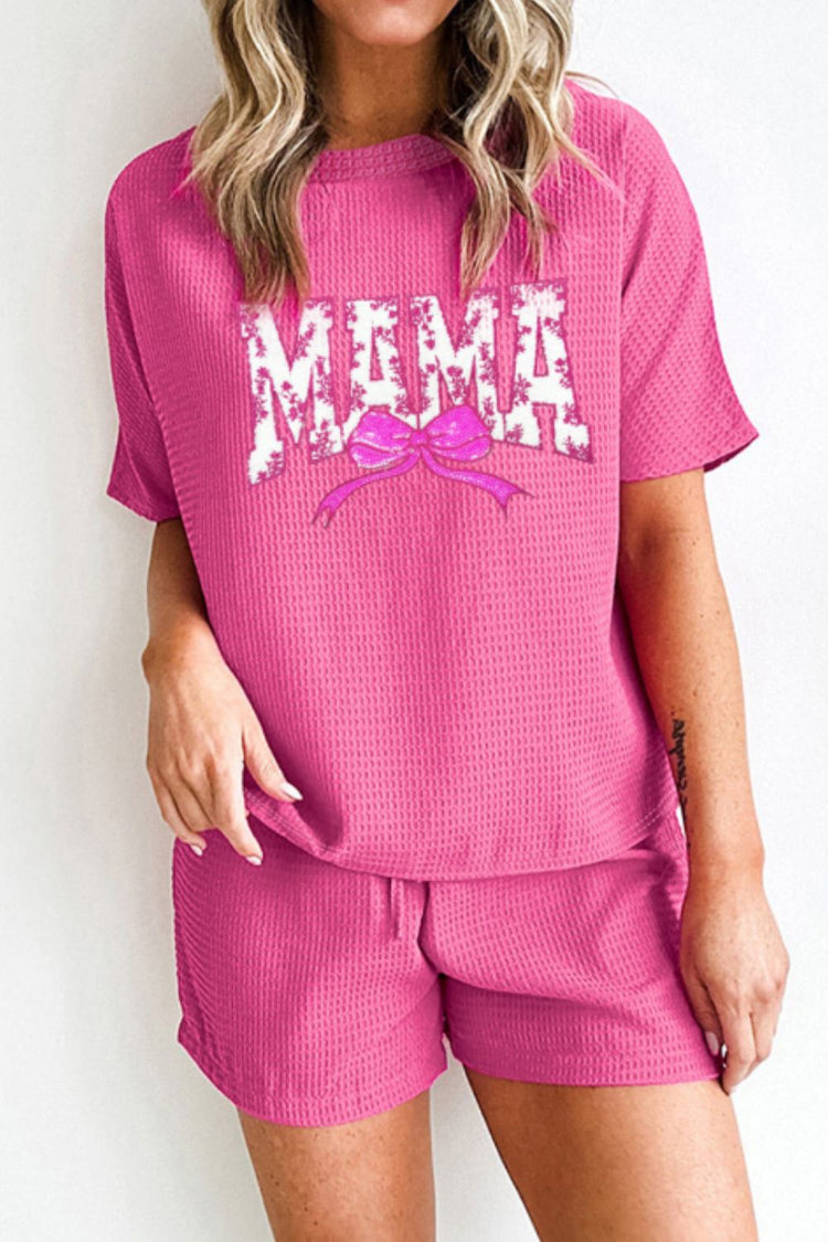 Waffle Sequin Floral MAMA Bow Graphic Top and Shorts Set - MyEmpired
