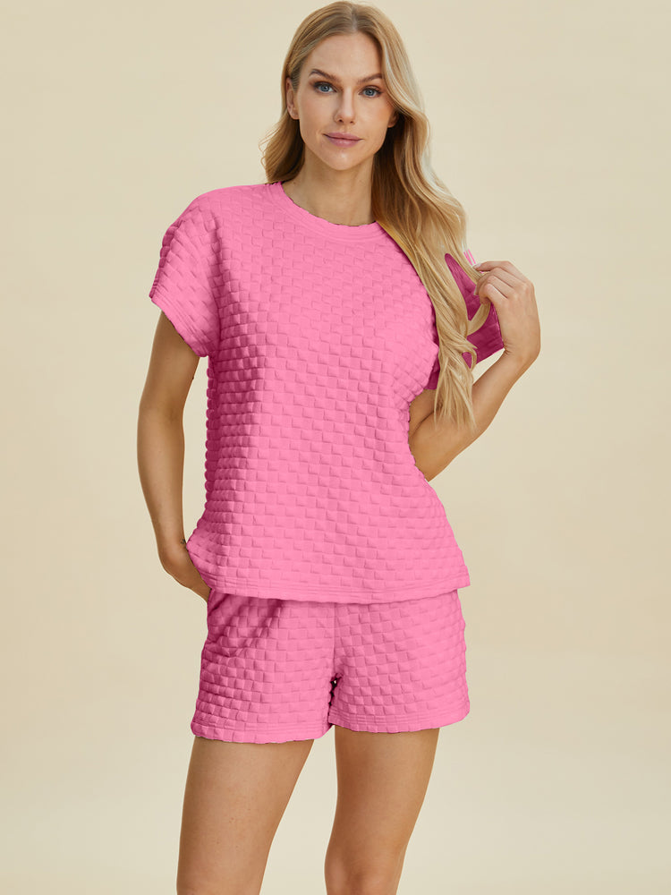 Double Take Full Size Texture T-Shirt and Shorts Set - MyEmpired