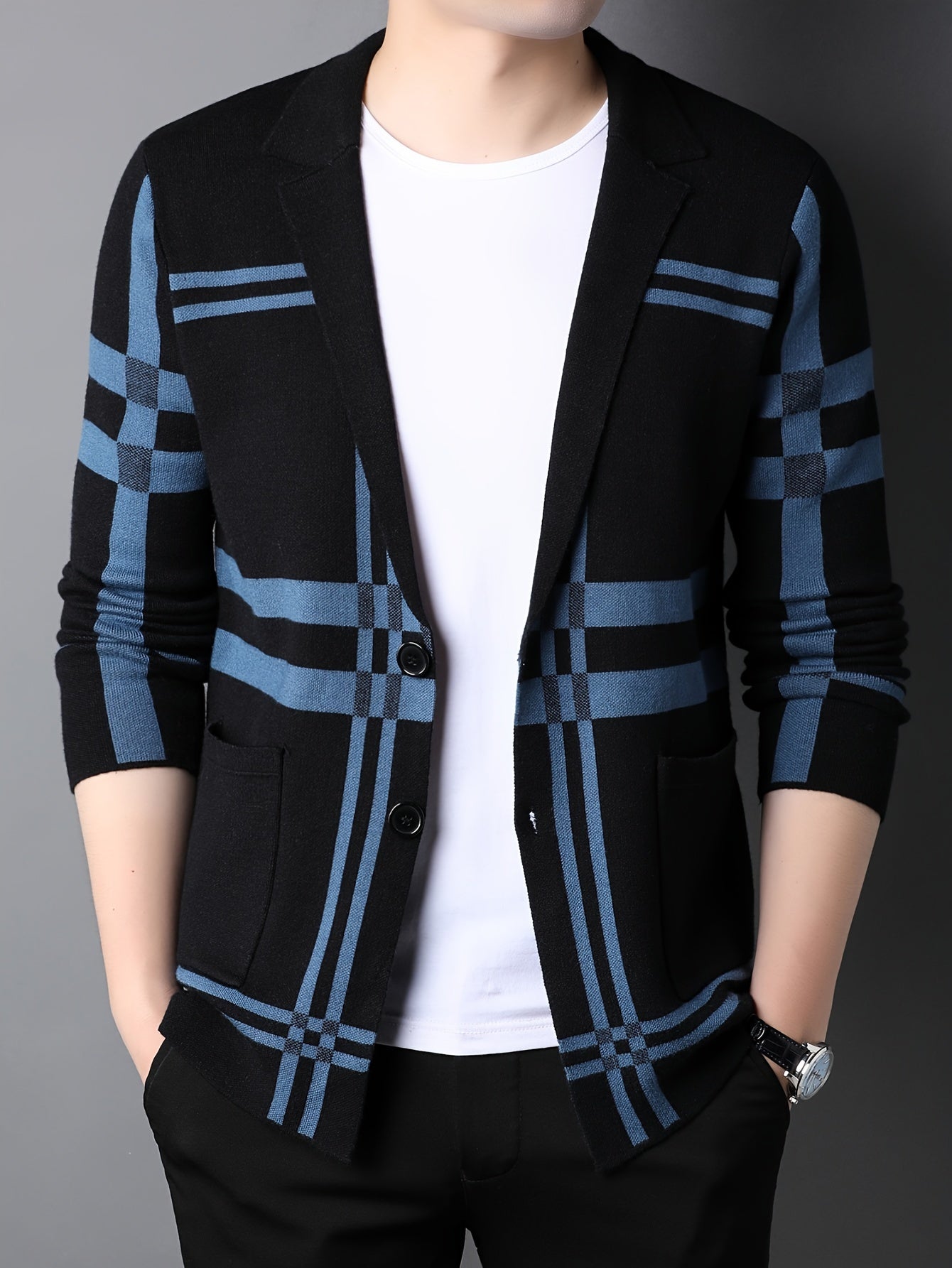 Men's Striped Knit Cardigan - Casual & Business-Ready, Button-Up with Lapel Collar for Fall/Winter, for Autumn, Spring