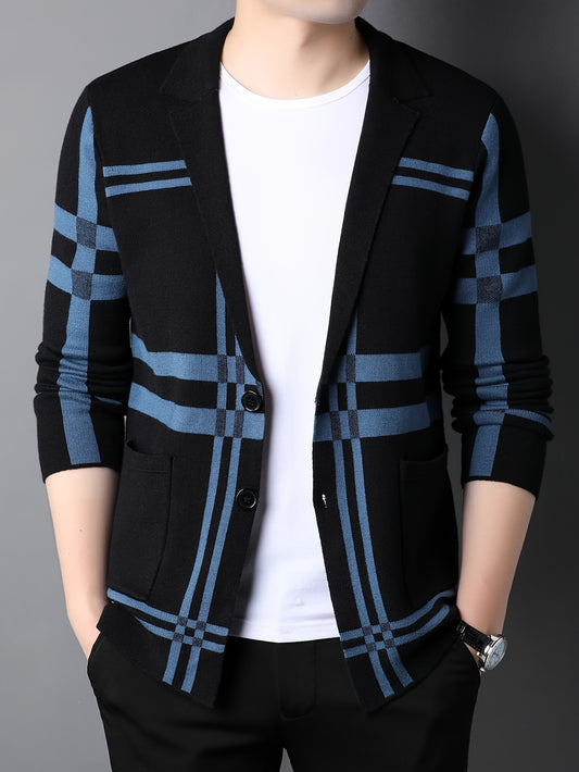 Men's Striped Knit Cardigan - Casual & Business-Ready, Button-Up with Lapel Collar for Fall/Winter, for Autumn, Spring