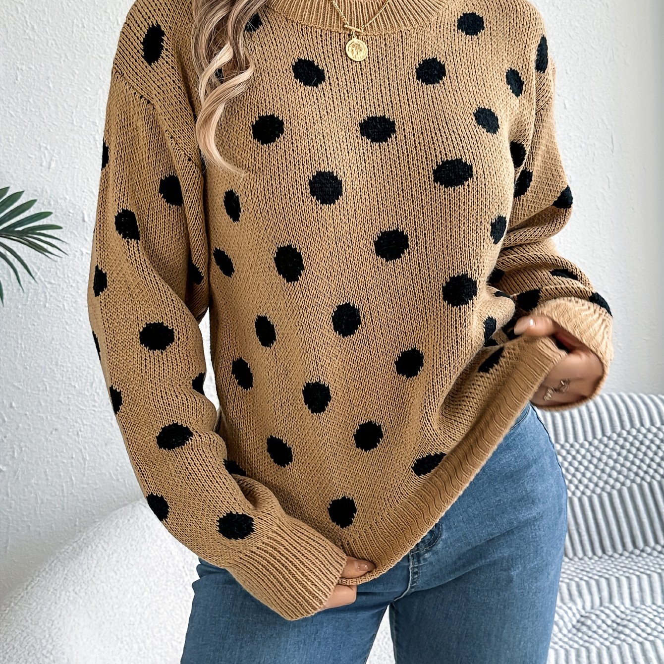 Women's Autumn Winter Knit Long Sleeve Crew Neck Sweater With Dot Pattern, Soft Acrylic Fabric, Elegant Casual Wear