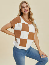 Double Take Full Size Checkered Round Neck Short Sleeve Sweater - MyEmpired