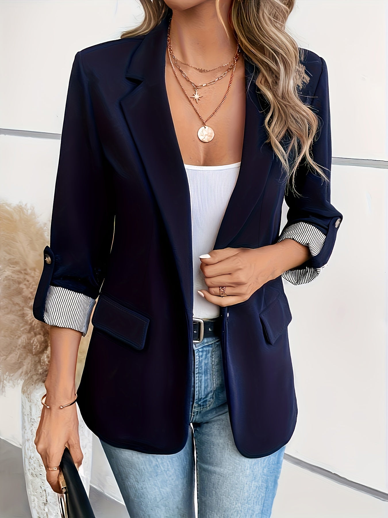 Notched Collar Button Front Blazer, Elegant Long Sleeve Blazer For Office & Work, Women's Clothing