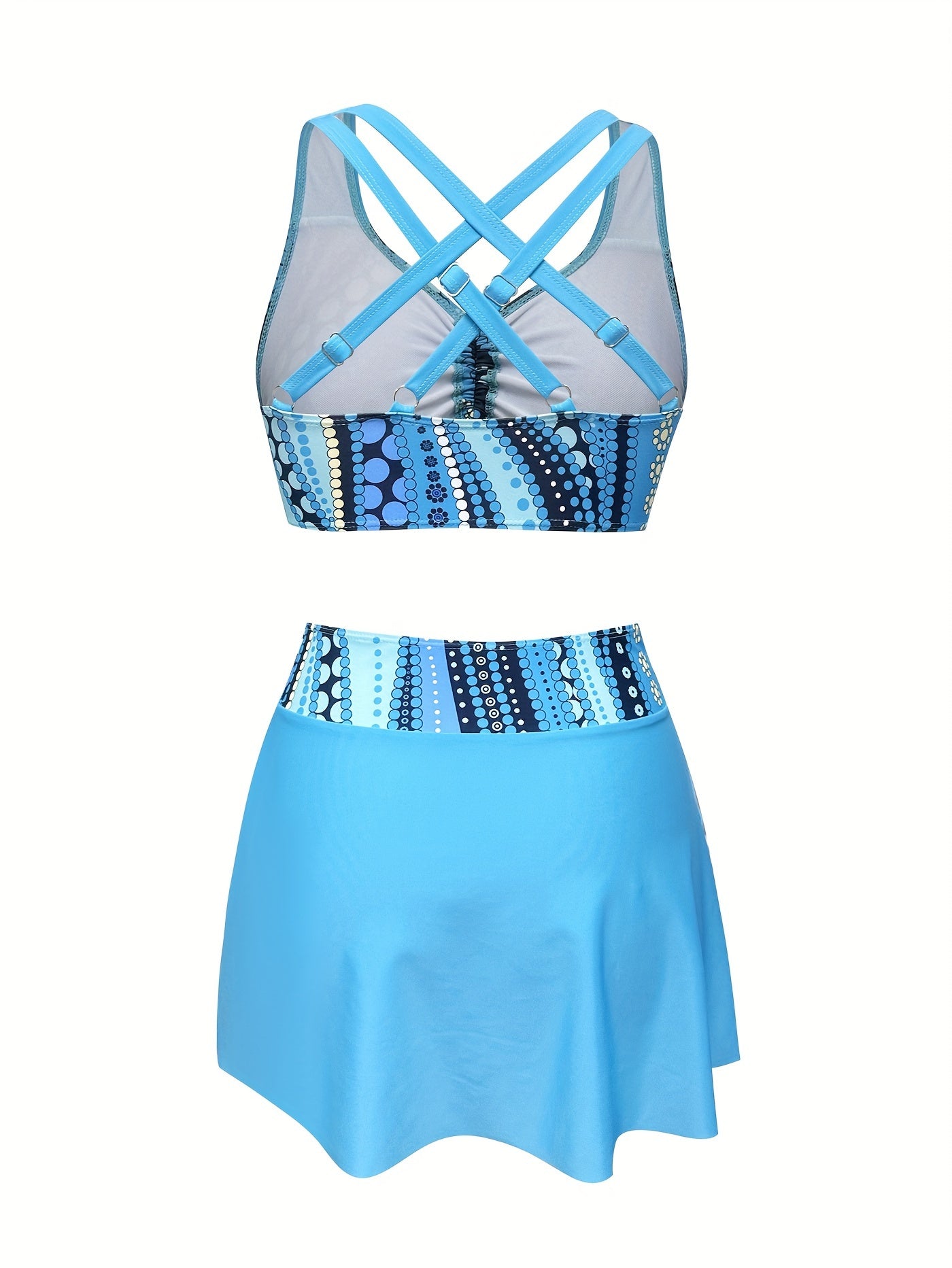 Polka Dot Print 3 Piece Set Tankini, V Neck Drawstring Front High Cut With Cover Up Skirt Swimsuits, Women&