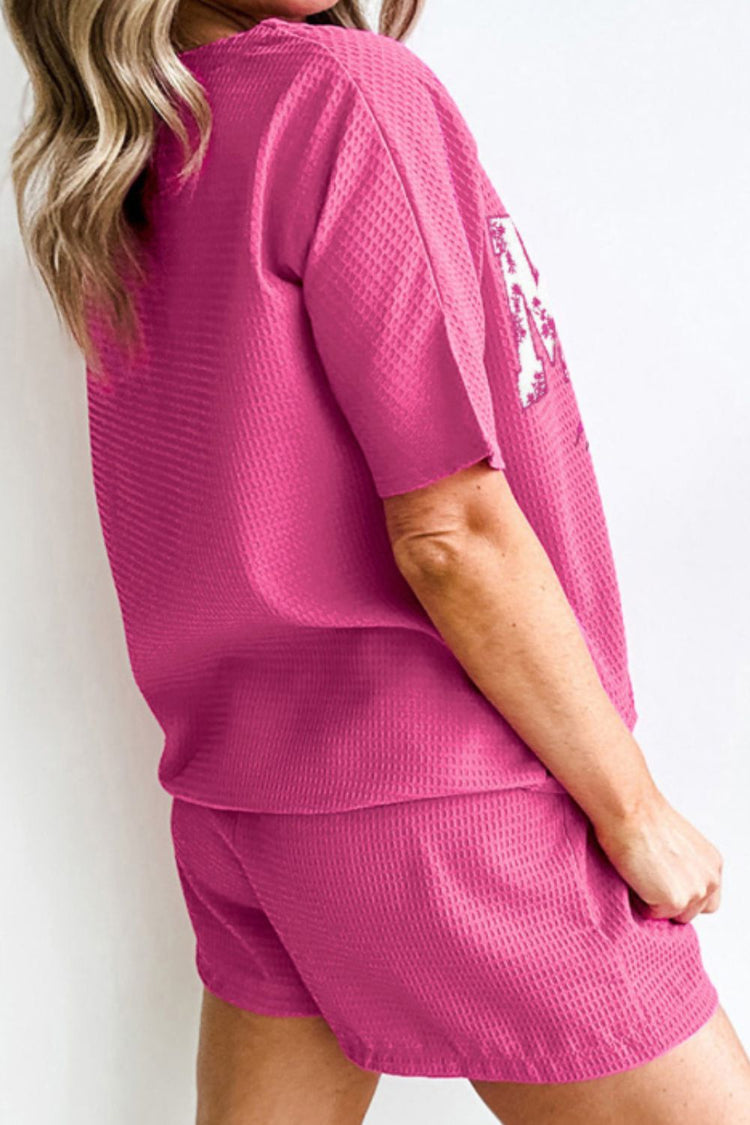 Waffle Sequin Floral MAMA Bow Graphic Top and Shorts Set - MyEmpired