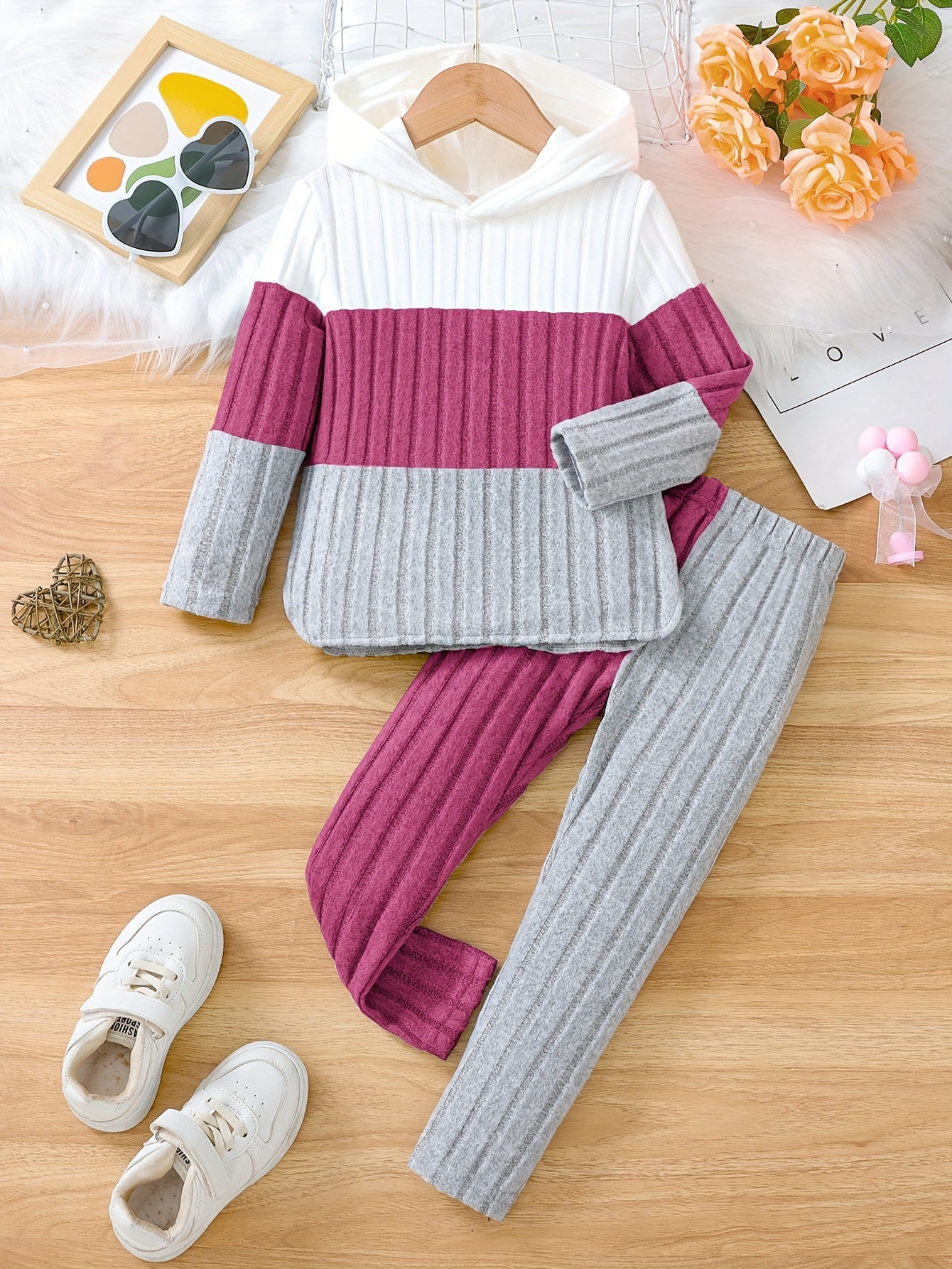 Girls' 2-Piece Set, Spring/Autumn Knitted Hoodie and Solid Color Ribbed Pants, Casual Color Block Long Sleeve Pullover with Stretch Fabric, Regular Fit, Polyester & Spandex Blend, For Outdoor