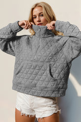 Double Take Half Zip Long Sleeve Quilted Sweatshirt with Pocket - MyEmpired