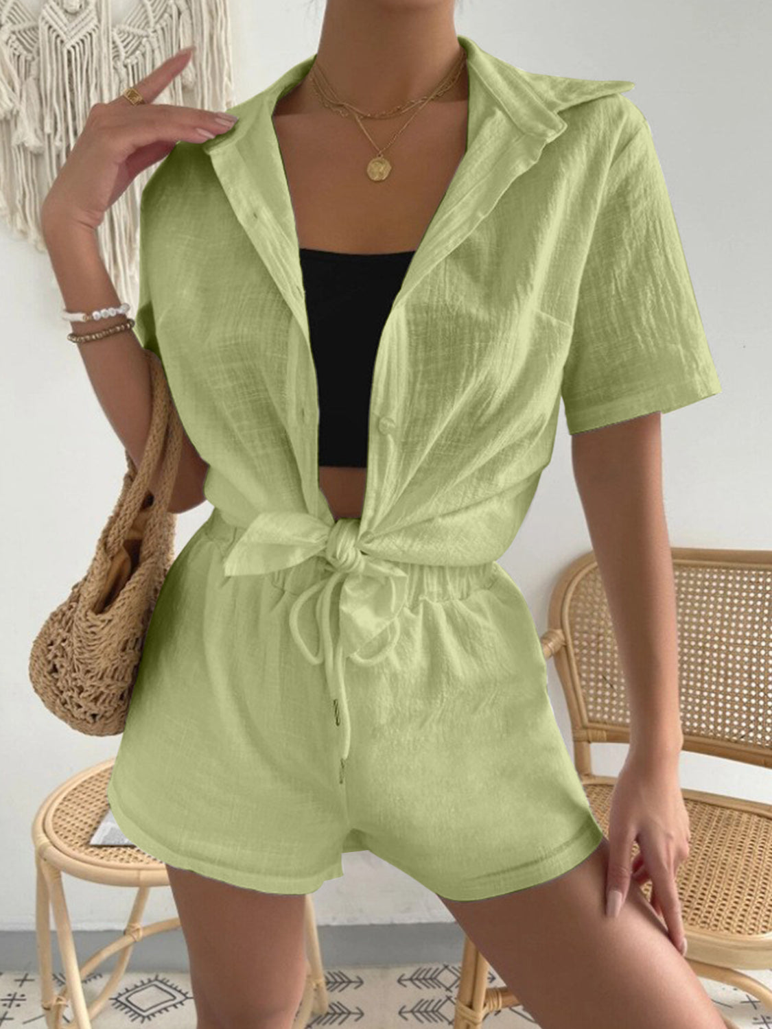Button Up Short Sleeve Shirt and Drawstring Shorts Set - MyEmpired