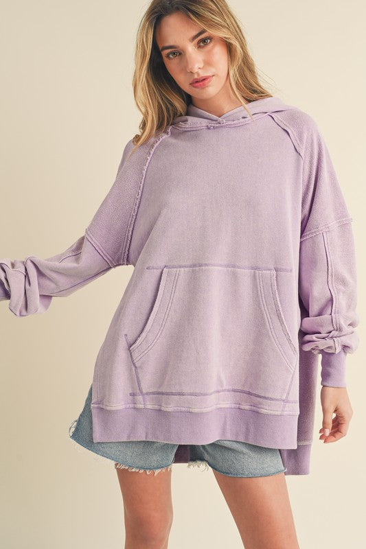 Aemi + Co Exposed Seam Side Slit Hoodie with Kangaroo Pocket - MyEmpired