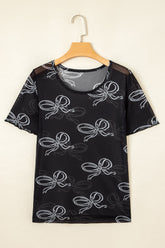 Bow Mesh Round Neck Short Sleeve T-Shirt - MyEmpired