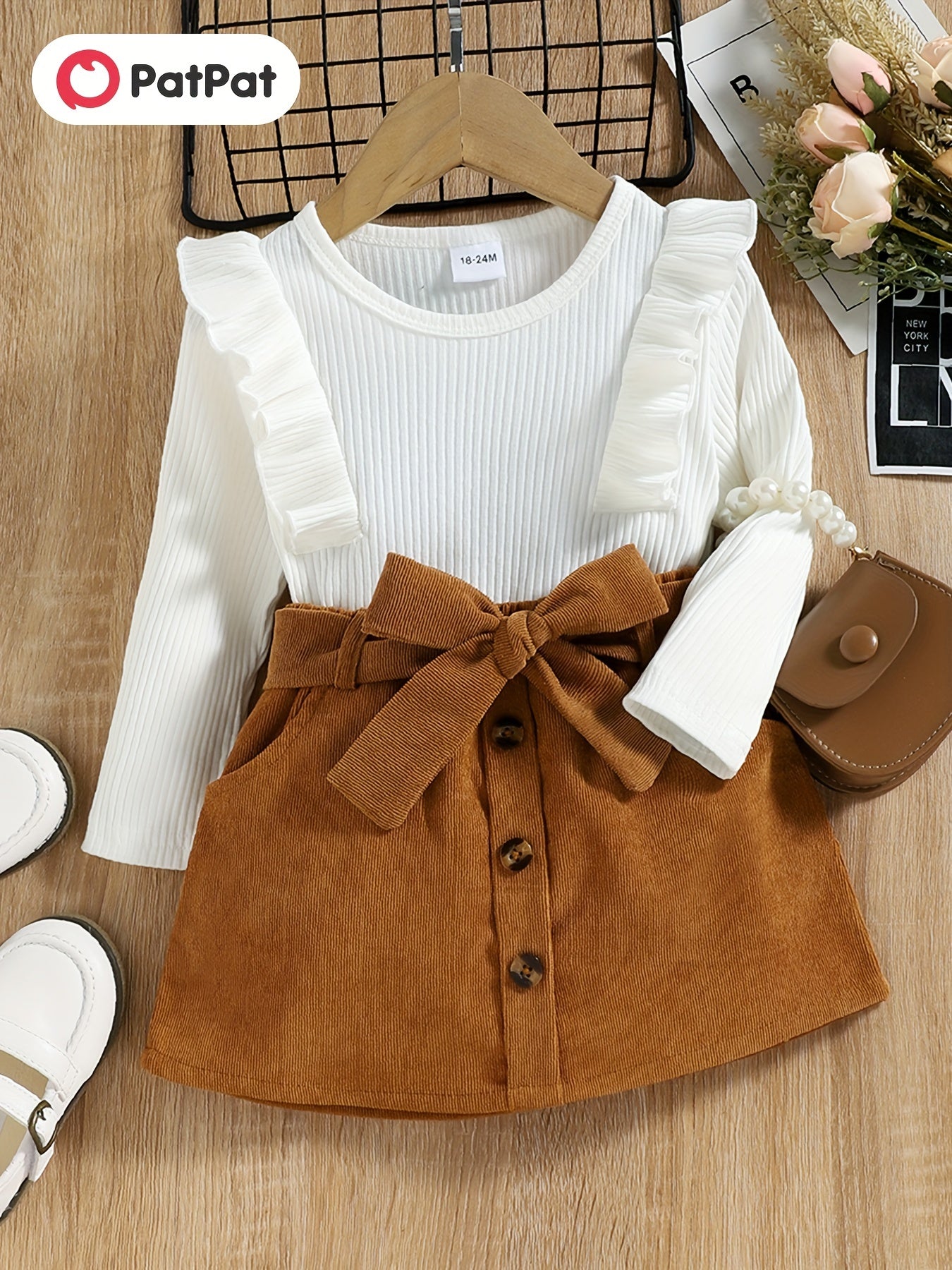 PatPat 2pcs Toddler Girl Trendy Ruffled Ribbed Tee And Button Design Corduroy Skirt Set, Kids Clothes For Spring Autumn