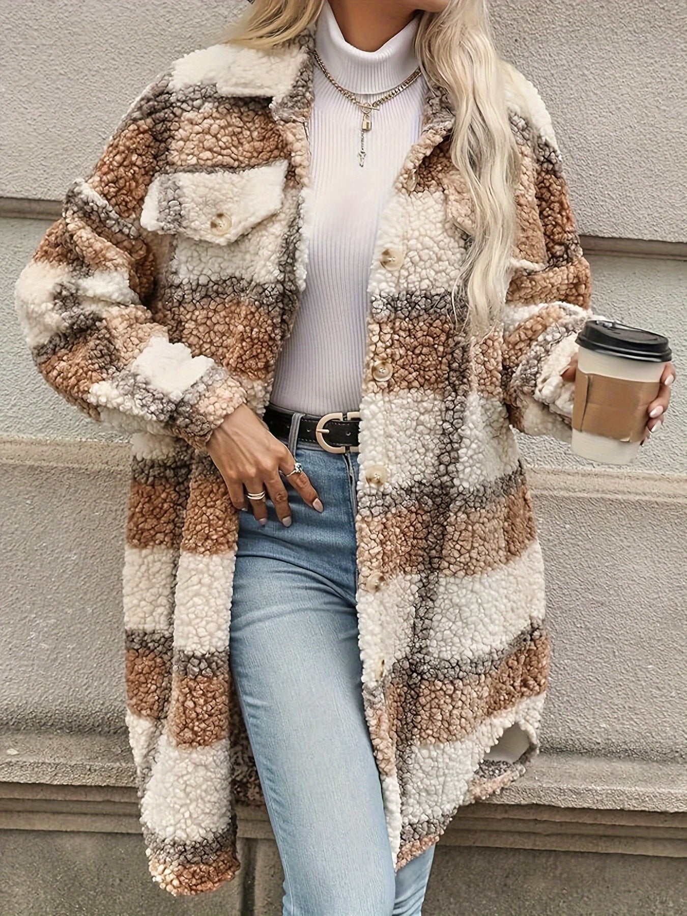 Plaid Pattern Button Front Fuzzy Jacket, Casual Thermal Long Sleeve Long Length Collar Coat For Fall & Winter, Women's Clothing