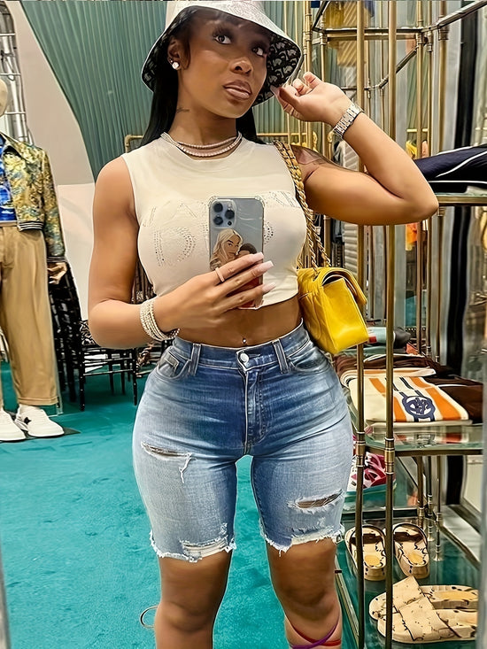Blue Ripped Holes Denim Shorts - MyEmpired