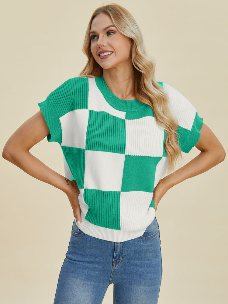 Double Take Full Size Checkered Round Neck Short Sleeve Sweater - MyEmpired